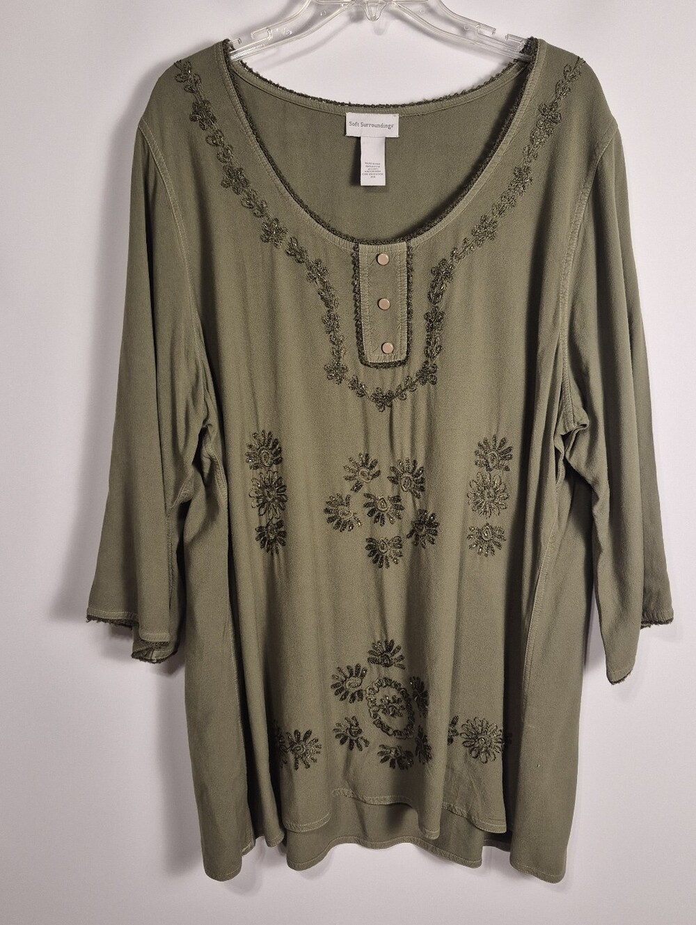 Soft Surroundings Embellished Rayon Tunic Top Women's 2X Olive Green Boho